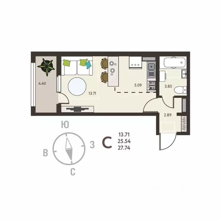 Студия Воронежская область, с. Новая Усмань, Ольха мкр  (27.74 м) - Фото 1