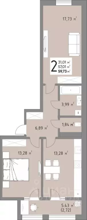 2-к кв. Краснодарский край, Краснодар ул. Михаила Барибана (59.73 м) - Фото 0