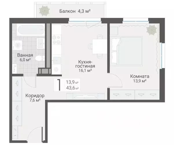 1-к кв. Санкт-Петербург Актерский проезд, 2к2 (43.6 м) - Фото 1