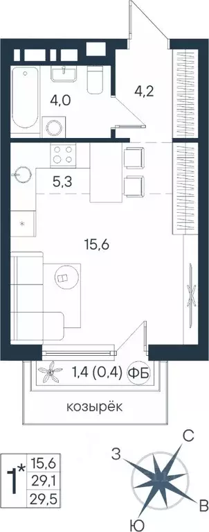 Студия Пермский край, Пермь ул. Космонавта Беляева, 17 (29.5 м) - Фото 1