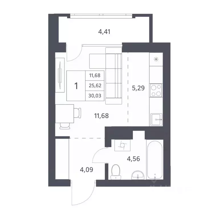 Студия Новосибирская область, Новосибирск ул. Тюленина, 3 (25.67 м) - Фото 0