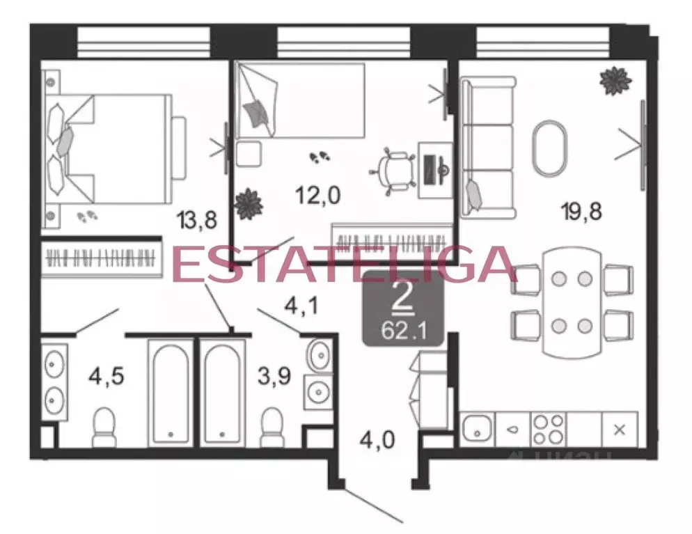 2-к кв. Москва 2-я оч., Шагал жилой комплекс, к4 (62.1 м) - Фото 1