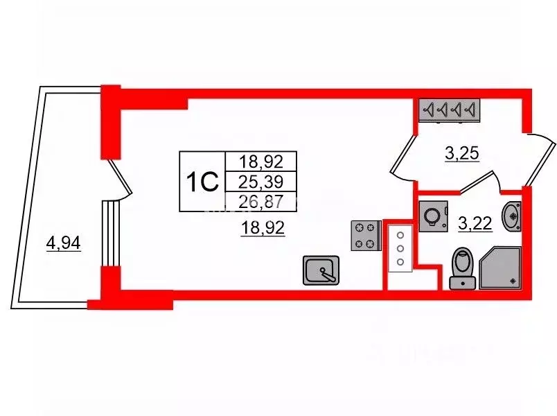 Студия Санкт-Петербург аллея Арцеуловская, 19 (25.2 м) - Фото 2