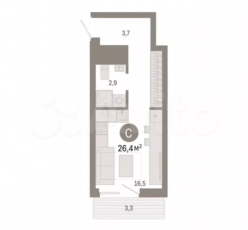 Квартира-студия, 26,4 м, 3/8 эт. - Фото 0