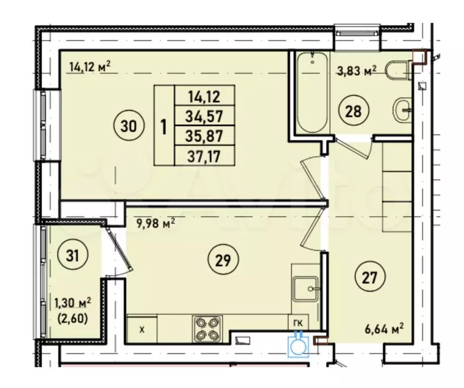 1-к. квартира, 36 м, 6/7 эт. - Фото 1