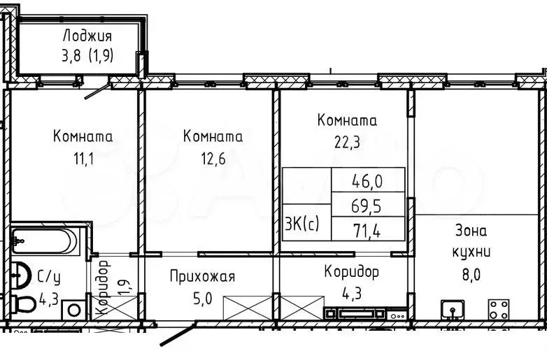 3-к. квартира, 71,4 м, 14/17 эт. - Фото 1