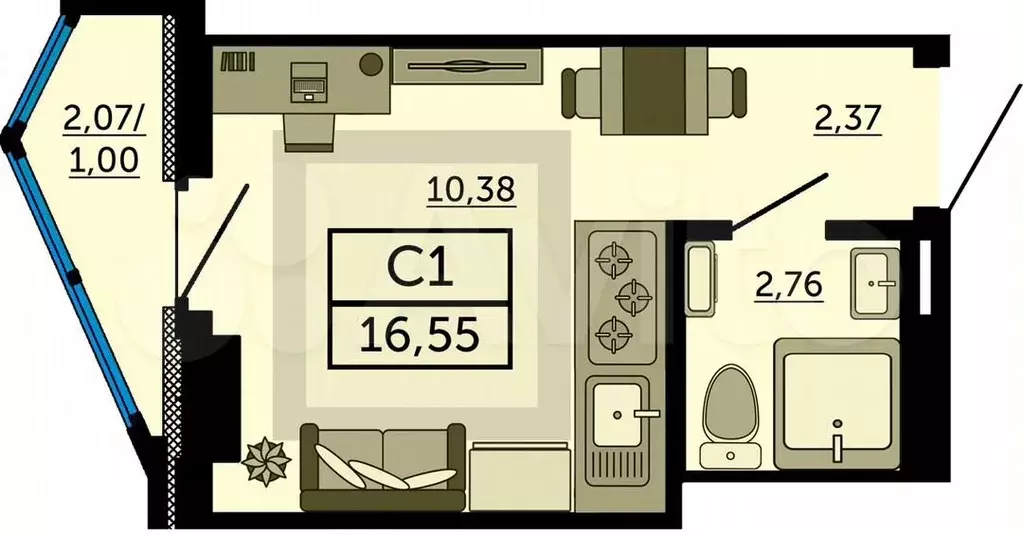 Квартира-студия, 16,6м, 21/26эт. - Фото 0