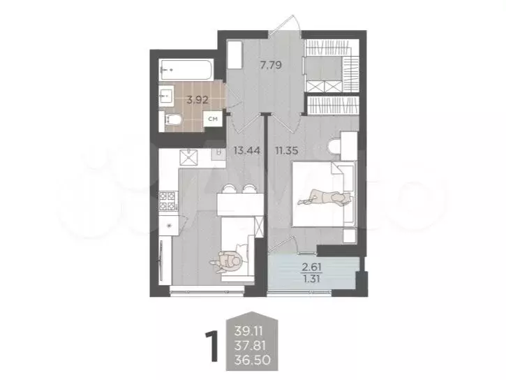 1-к. квартира, 37,8 м, 7/9 эт. - Фото 1