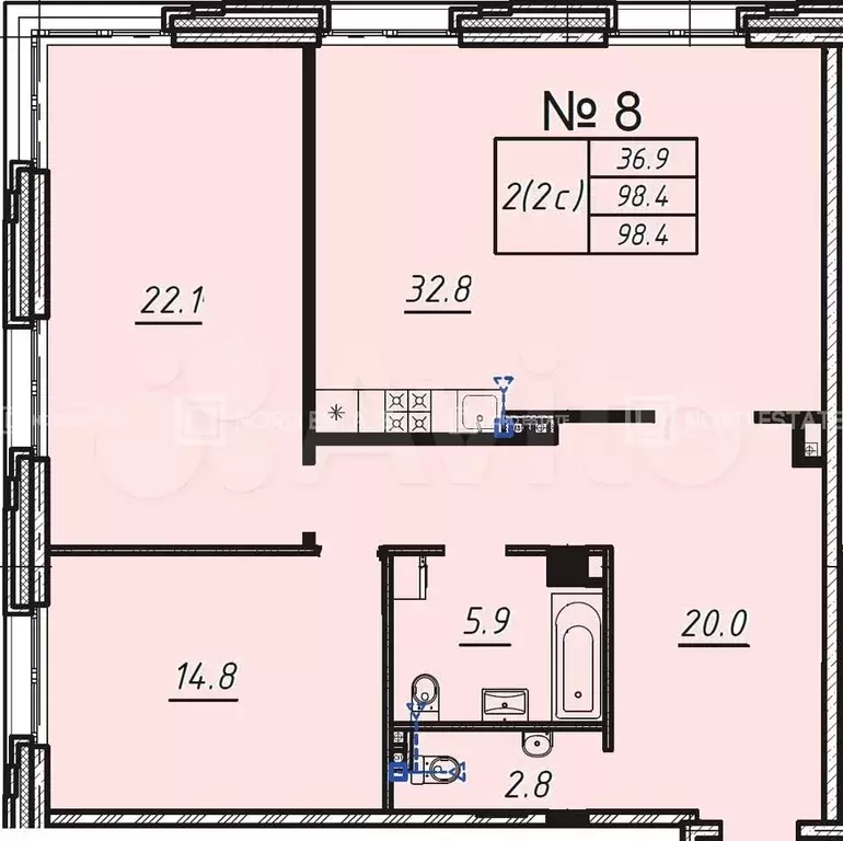 2-к. квартира, 98,4 м, 2/9 эт. - Фото 0