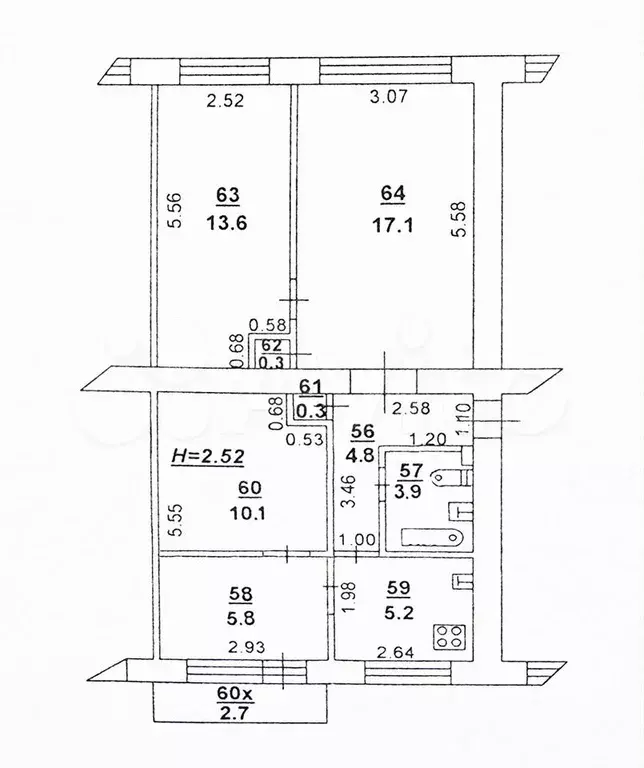 3-к. квартира, 61,1 м, 2/5 эт. - Фото 0