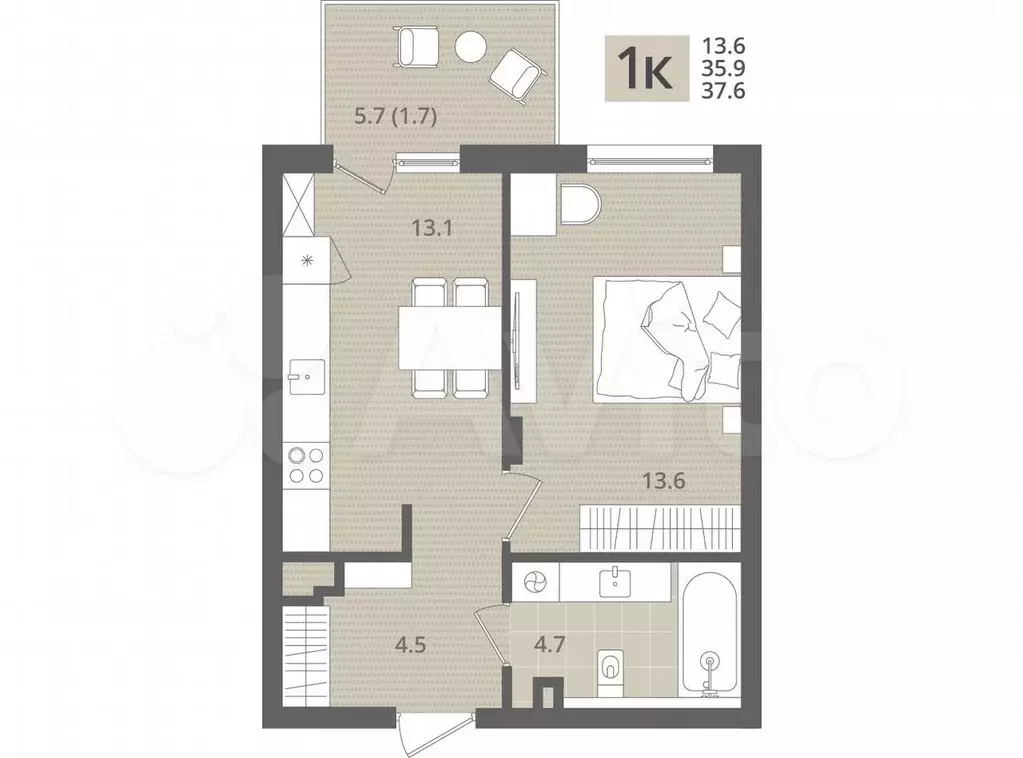 1-к. квартира, 37,6 м, 1/7 эт. - Фото 1