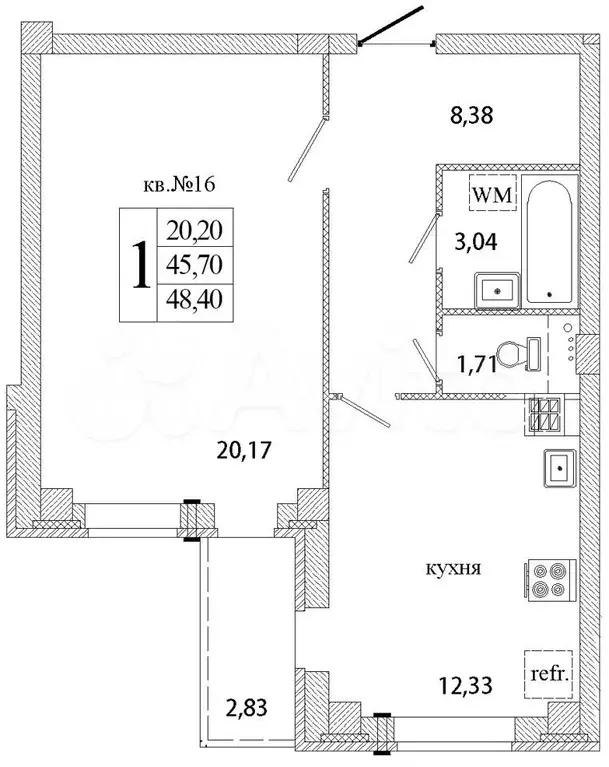 1-к. квартира, 48,3м, 2/9эт. - Фото 1