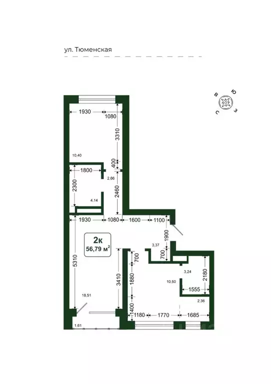 2-к кв. Тюменская область, Тюменский район, д. Дударева  (56.79 м) - Фото 1