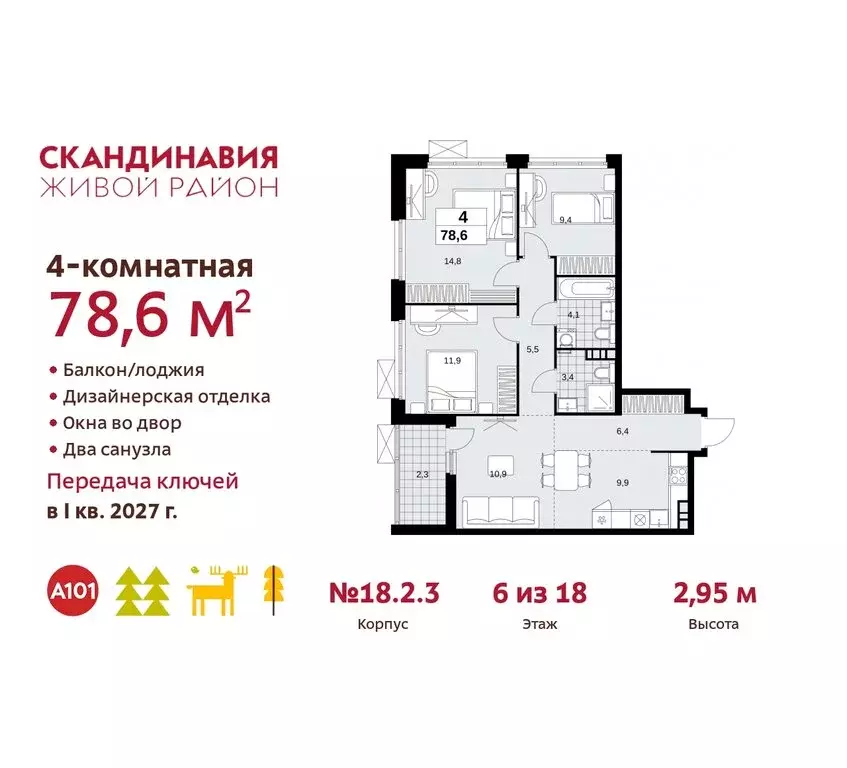 4-комнатная квартира: жилой комплекс Скандинавия, 18.2.2 (78.6 м) - Фото 0