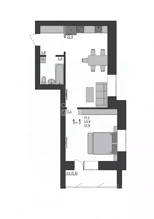 1-к кв. Вологодская область, Вологда Новгородская ул., 38 (52.8 м) - Фото 2