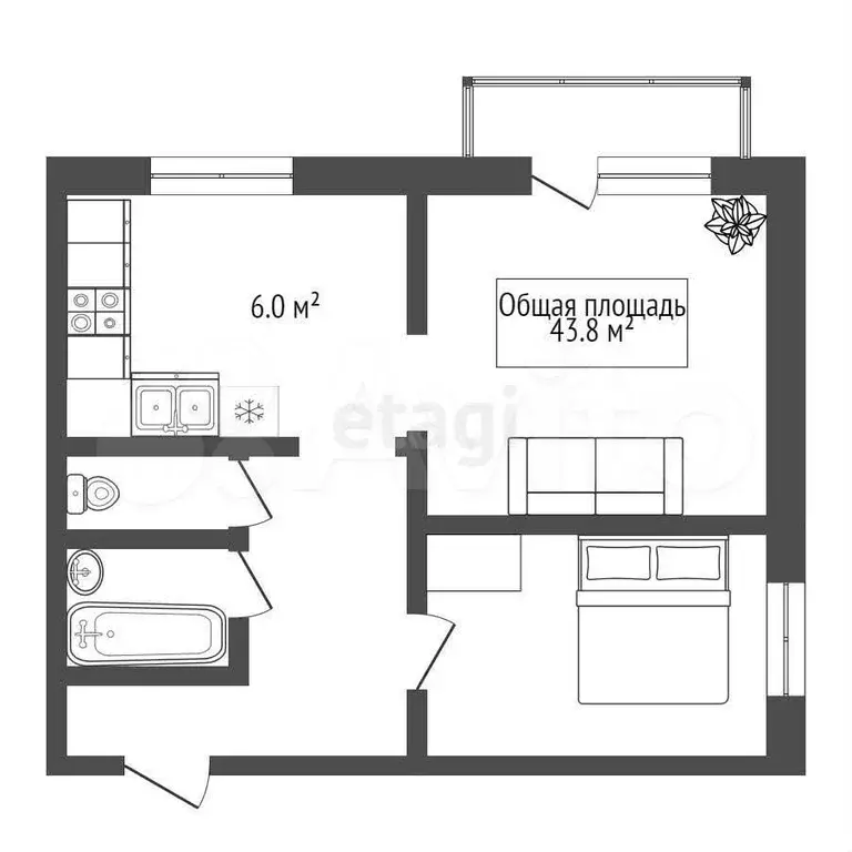 2-к. квартира, 43,8 м, 6/9 эт. - Фото 0