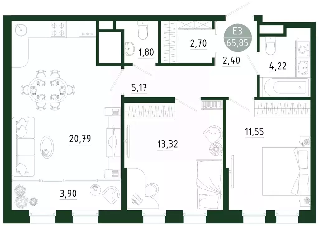 2-к кв. Тульская область, Тула Платон Парк жилой комплекс (65.85 м) - Фото 1
