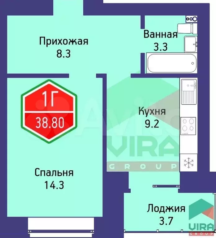 1-к. квартира, 38,8 м, 11/14 эт. - Фото 1