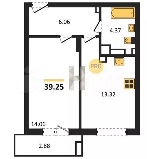 1-к. квартира, 39 м, 3/9 эт. - Фото 1