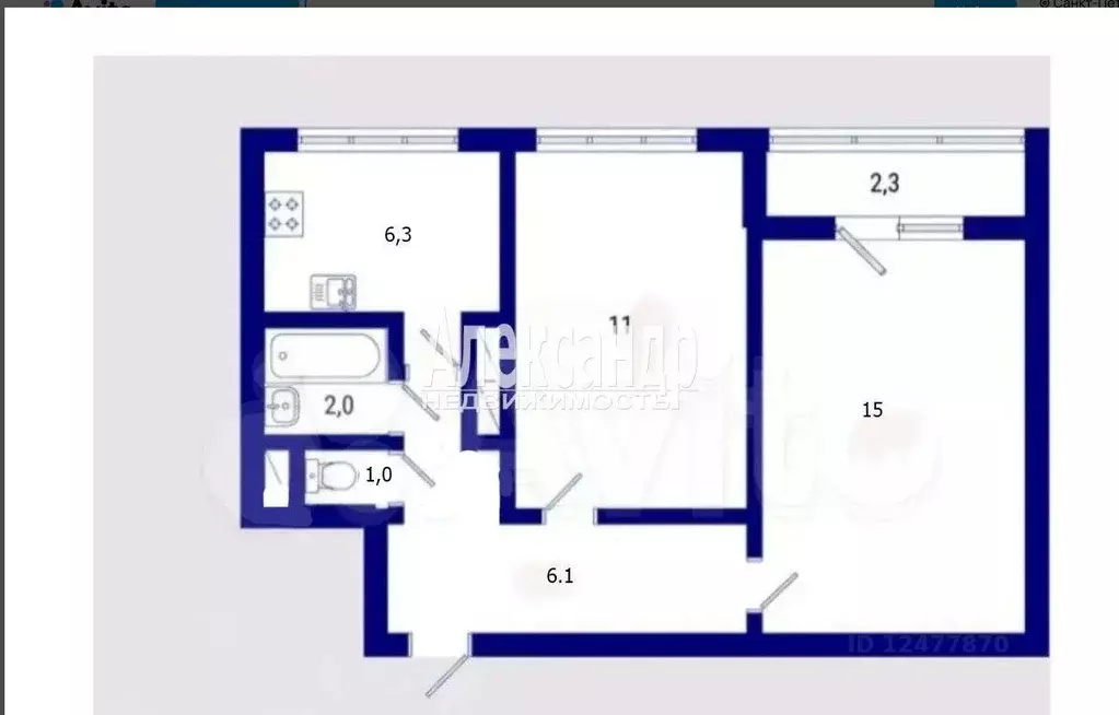 Квартира, 2 комнаты, 43.7 м - Фото 1