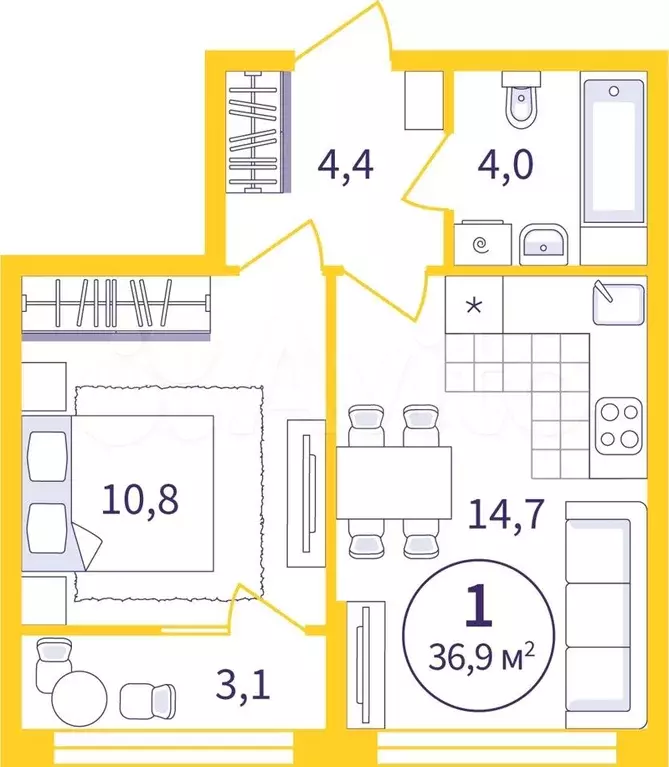 1-к. квартира, 35,4 м, 5/8 эт. - Фото 0