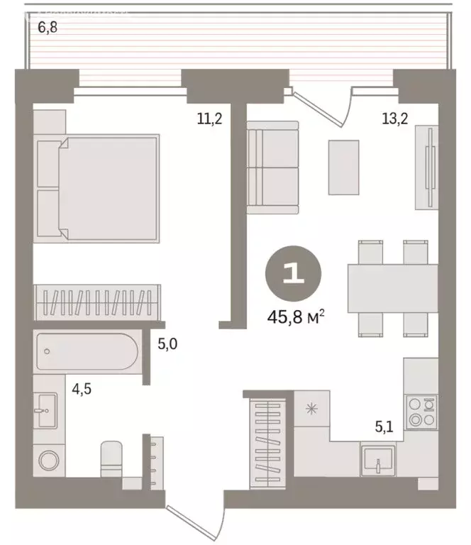 1-комнатная квартира: Тюмень, Причальная улица, 9 (45.8 м) - Фото 2