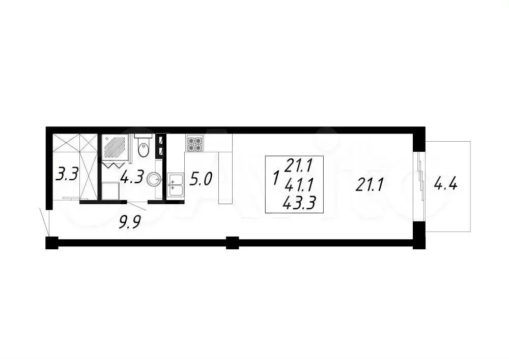 1-к. квартира, 43,3 м, 1/8 эт. - Фото 0