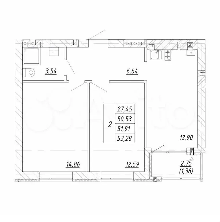 2-к. квартира, 51,9 м, 3/4 эт. - Фото 1