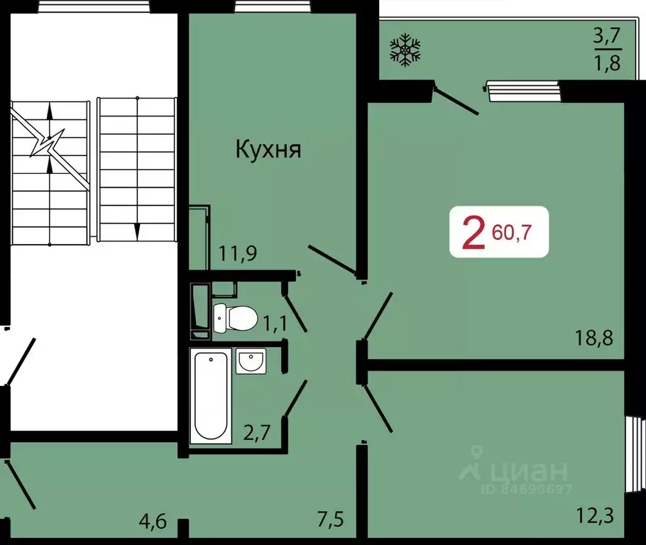 2-к кв. Красноярский край, Красноярск ул. Калинина (60.7 м) - Фото 0
