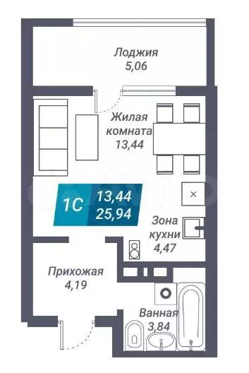 Квартира-студия, 25,9 м, 10/25 эт. - Фото 1