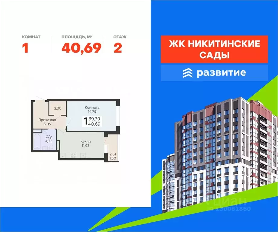 1-к кв. Воронежская область, Воронеж Никитинские сады жилой комплекс ... - Фото 1