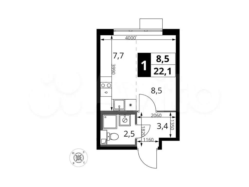 Квартира-студия, 22,1м, 15/16эт. - Фото 0