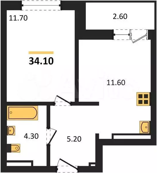 1-к. квартира, 34,1 м, 14/26 эт. - Фото 0
