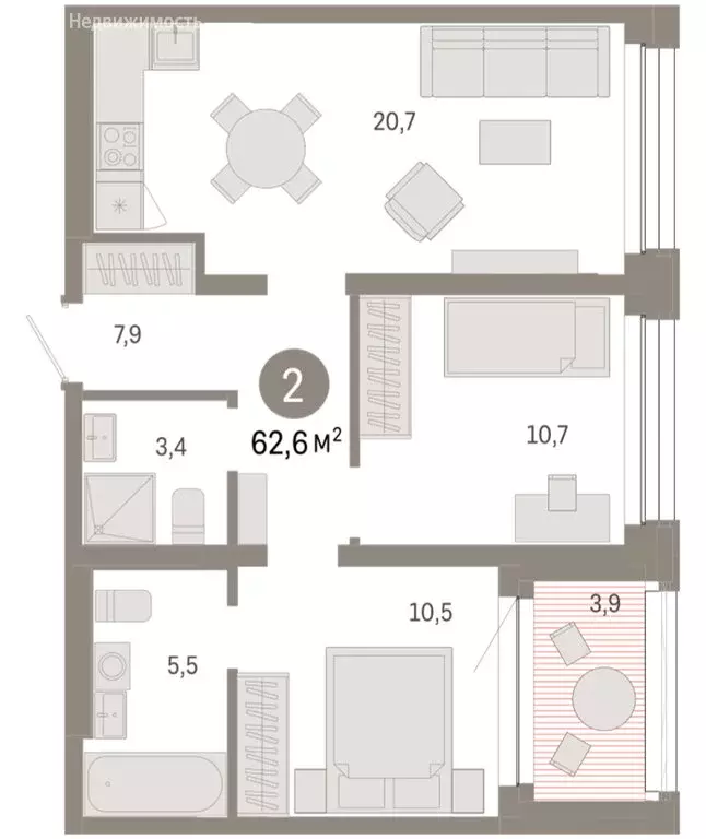 2-комнатная квартира: Тюмень, улица Муравленко, 9/2 (62.64 м) - Фото 1