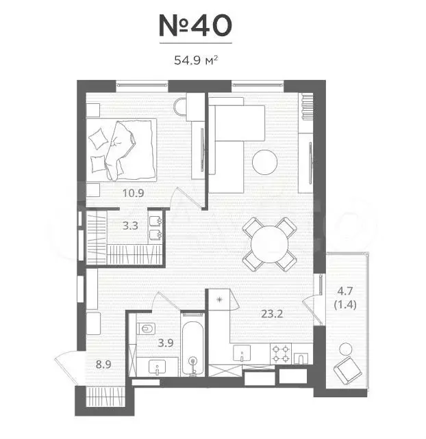 1-к. квартира, 54,9 м, 2/7 эт. - Фото 1
