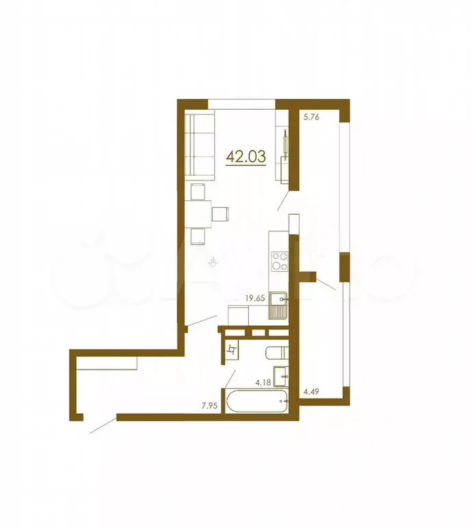 Квартира-студия, 42 м, 4/13 эт. - Фото 1