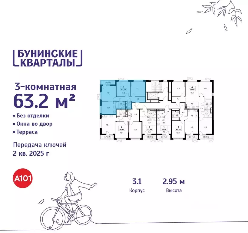 3-к кв. Москва Бунинские Кварталы жилой комплекс, к3.4 (63.2 м) - Фото 1