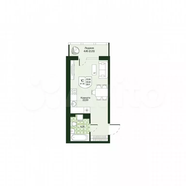 Квартира-студия, 29,2 м, 2/4 эт. - Фото 0