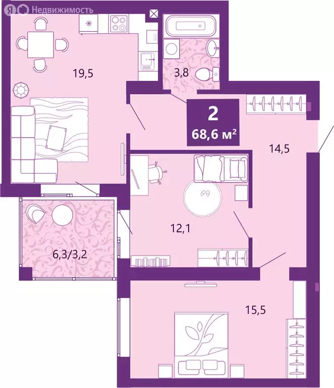 2-комнатная квартира: Калининград, Байкальская улица, 1к5 (69.2 м) - Фото 2