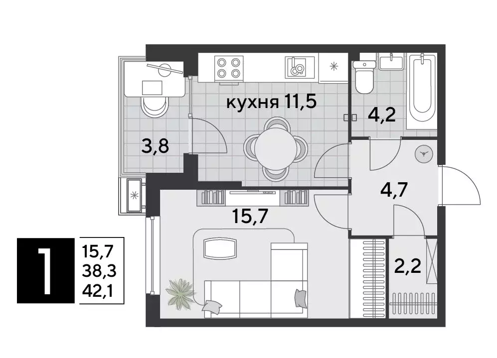 1-комнатная квартира: Краснодар, микрорайон Парк Победы (42.1 м) - Фото 1