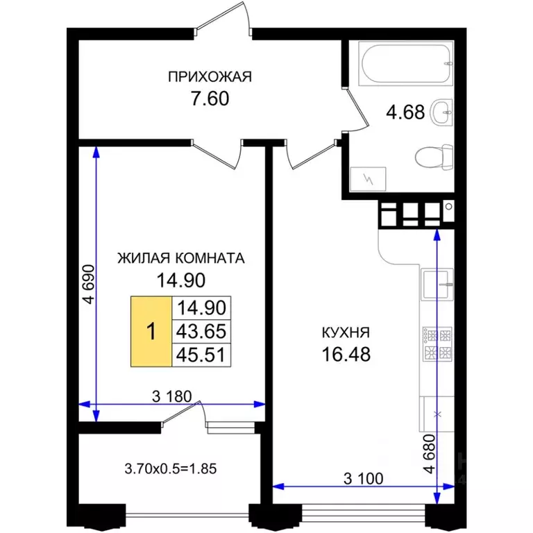 1-к кв. Краснодарский край, Новороссийск 5-я Бригада мкр,  (45.51 м) - Фото 0