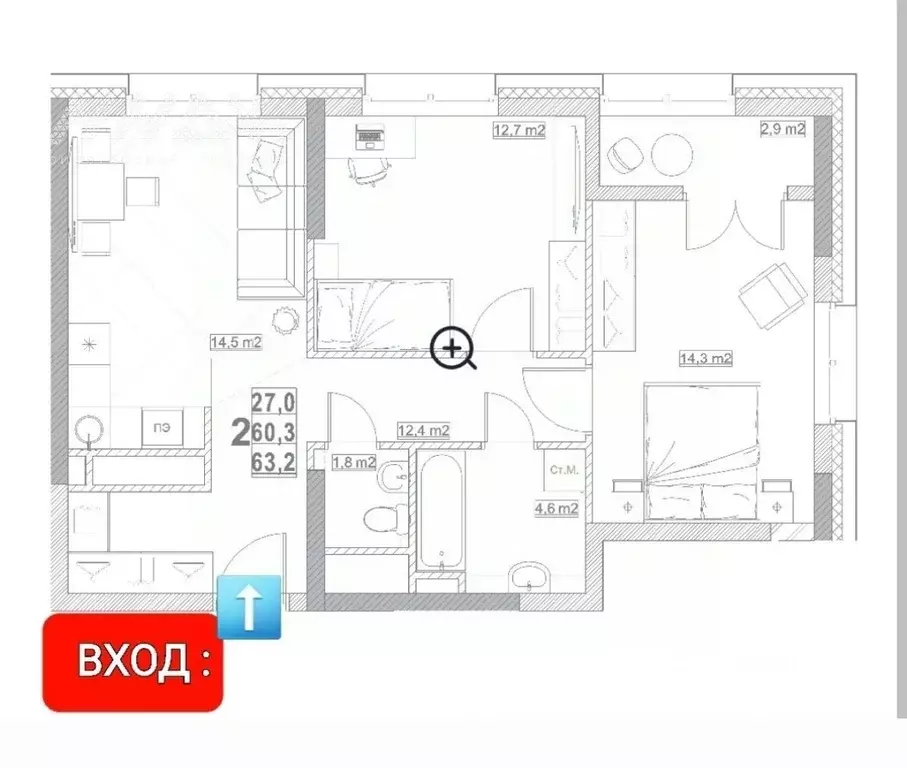 2-к кв. Нижегородская область, Нижний Новгород ул. Бетанкура, 7 (63.2 ... - Фото 2