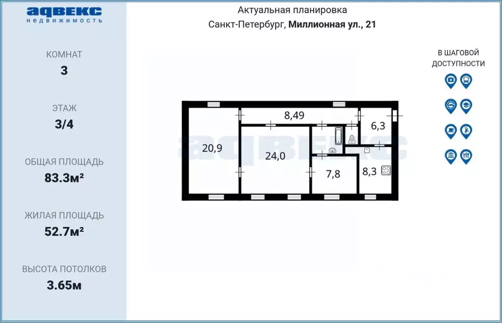 3-к кв. Санкт-Петербург Миллионная ул., 21 (83.3 м) - Фото 1