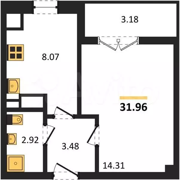 1-к. квартира, 32 м, 4/9 эт. - Фото 1