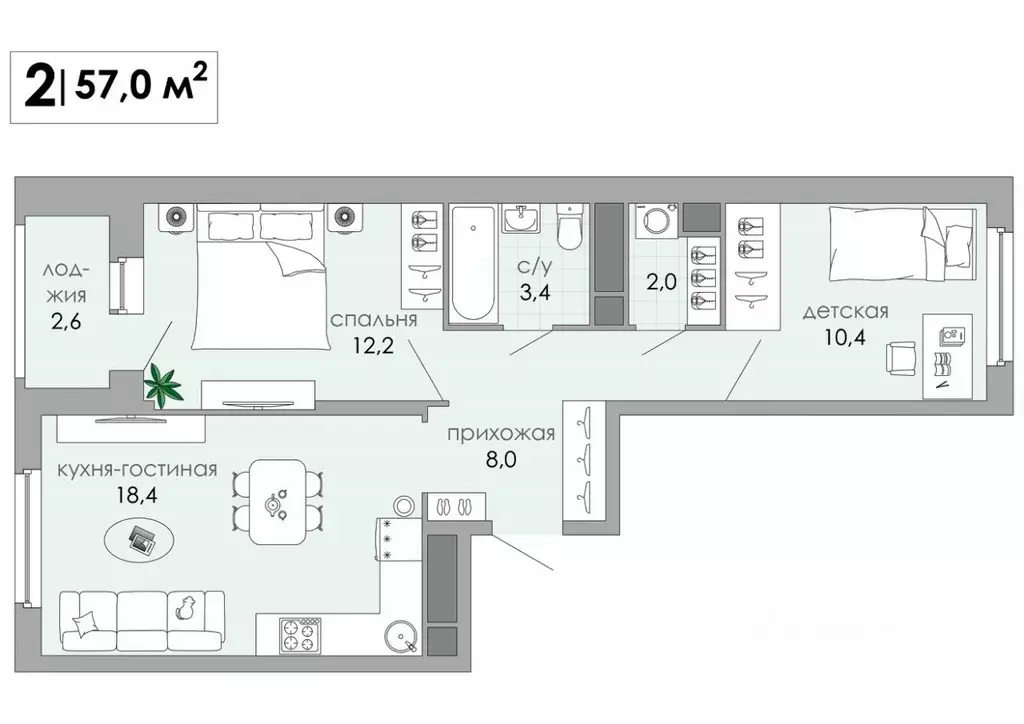 2-к кв. Тверская область, Тверь Южный мкр,  (57.0 м) - Фото 0