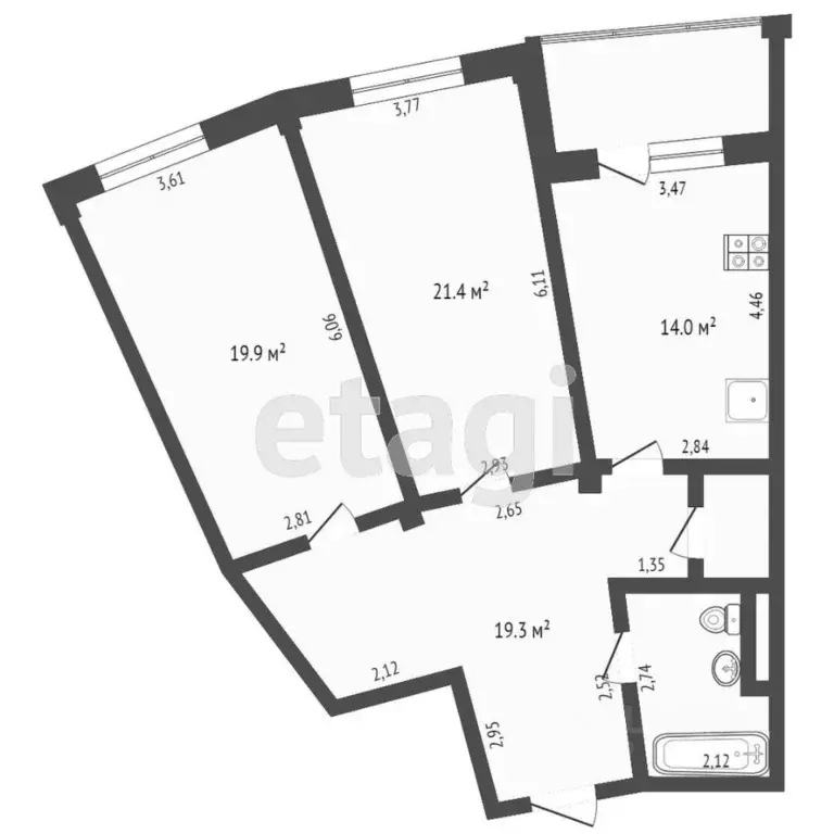 2-к кв. Тюменская область, Тюмень ул. Федюнинского, 7к1 (81.8 м) - Фото 1