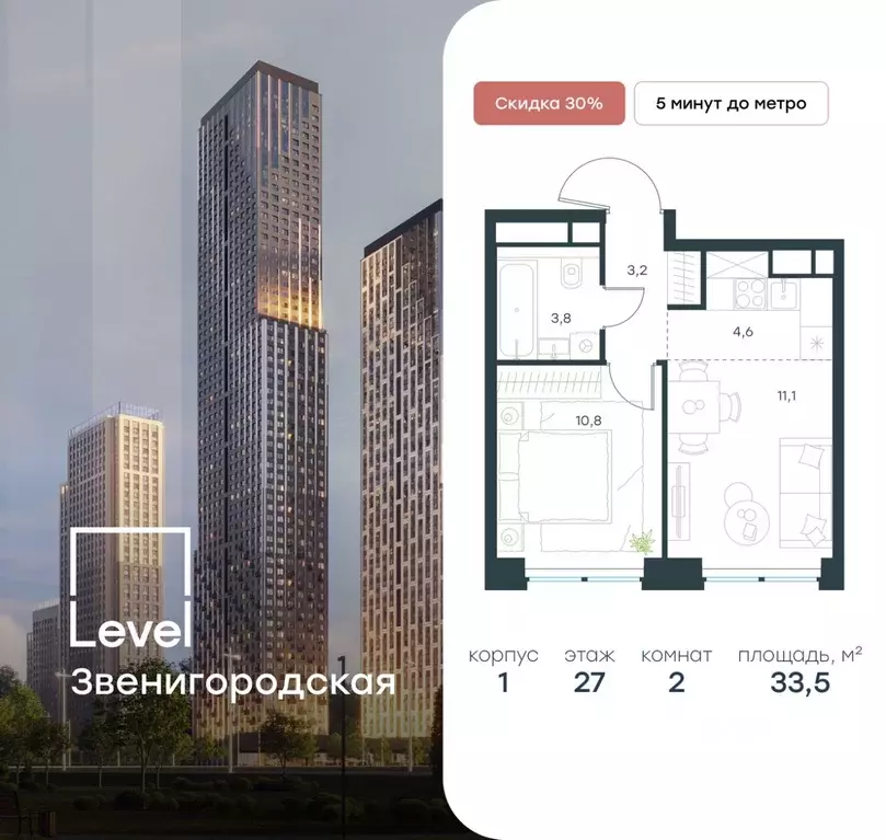 2-к кв. Москва Левел Звенигородская жилой комплекс (33.5 м) - Фото 0
