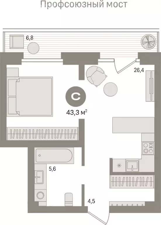 Квартира-студия: Тюмень, Причальная улица, 9 (43.3 м) - Фото 1