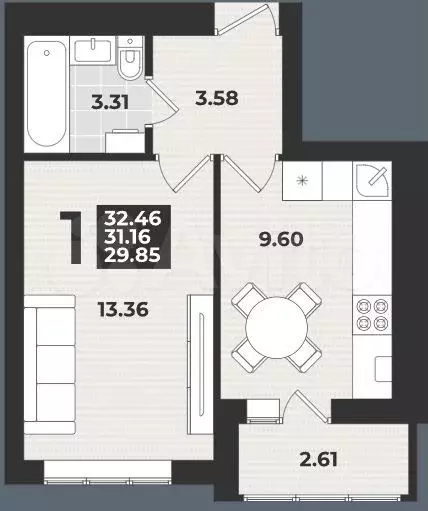 1-к. квартира, 32,4 м, 8/9 эт. - Фото 0