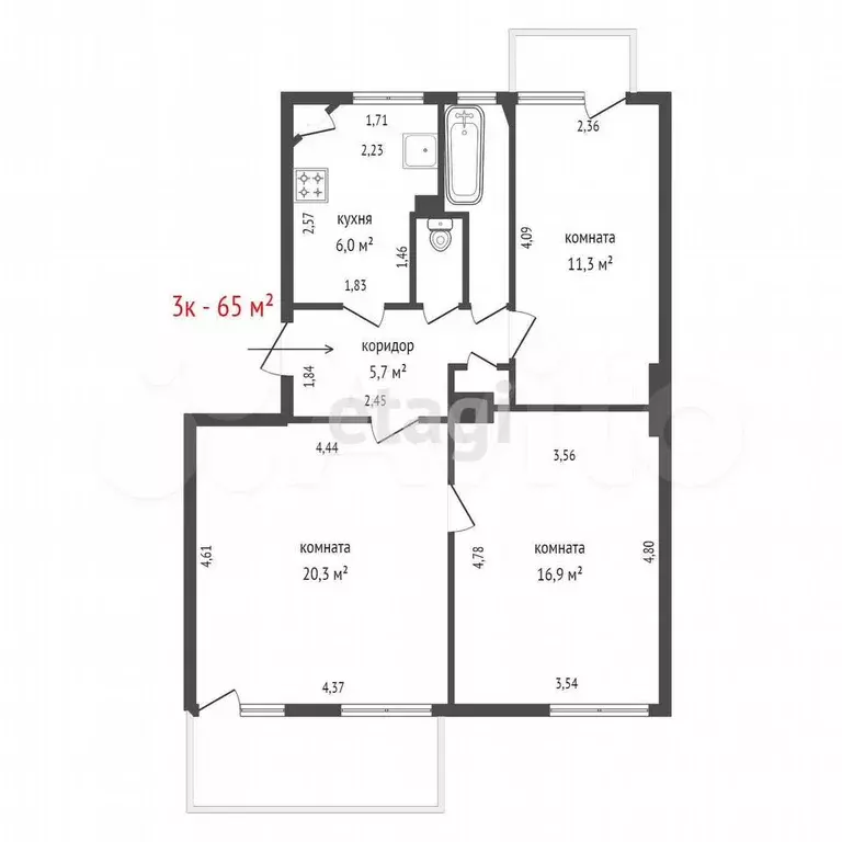 3-к. квартира, 65 м, 3/4 эт. - Фото 1